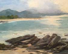 Carmel Bay Shimmer Oil Painting with Rocks, view of Carmel River, Monastery Beach impressionist oil painting