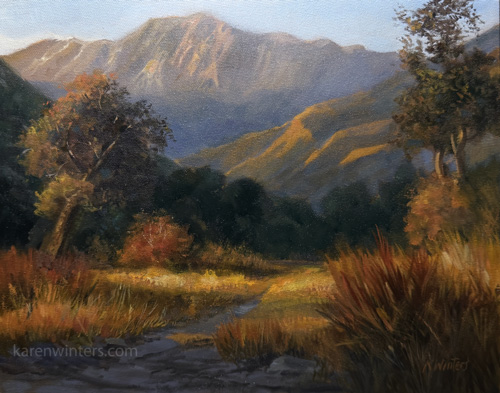 Eaton Canyon, Altadena, oil painting, impressionist, California, fire, memory, autumn colors, mountains, native plants
