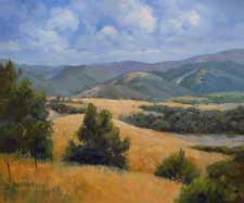 Rolling and Golden Carmel Valley Road California landscape impressionist landscape oil painting with golden hills and oak trees. Karen Winters Fine Art