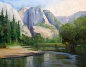 Yosemite Oil Painting - Merced River Swinging Bridge Yosemite Falls Art