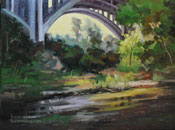 Pasadena Arroyo Seco Bridge Reflections, original oil painting by California impressionist Karen Winters