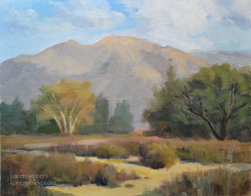 La Crescenta Park plein air oil painting of oaks, sycamores, buckwheat and the San Gabriel Mountains, by California impressionist Karen Winters