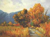 Paradise Valley Oil Painting, Sierra, Bishop, Road with Golden Cottonwood Trees, High Sierra Mountains in Background