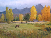 lone pine sierra nevada oil painting. A horse grazing in a meadow with cottonwood trees in the fall, near Lone Pine, California. The Sierras are blue violet, and the Alabama Hills can be seen through the clouds.