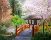 Descanso Gardens Japanese Garden spring oil painting with orange bridge