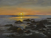 Radiant Shore, rocks and sunset shoreline in Santa barbara, brilliant golden sunset oil painting