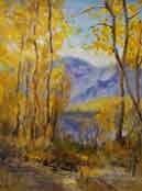 A view of Silver Lake through Golden Aspen Trees, June Lake Loop, High Sierra Oil Painting