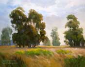 California landscape oil painting That Sunset Glow eucalyptus oil painting Central California sunset warm light golden fields pasture romantic light