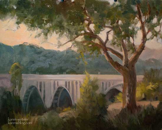 Colorado Street Bridge, Pasadena, oil painting from the viewpoint of the Robinson House