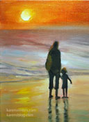 To touch the sea miniature ocean beach sunset painting with mother and child