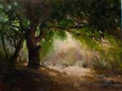 Oak tree California landscape oi painting with trail and lighted path beyond by Karen Winters