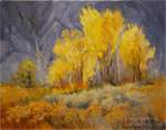 Aspen Grove in the Sierra, 11 x 14 oil painting, high sierra colorful fall foliage gold trees against blue violet mountains