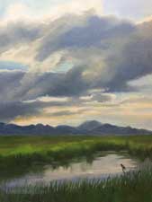 Blackbird Sunset Marsh Wetlands oil painting with blackbird