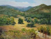 Golden Hills Casper Park oil painting with live oak trees - summer hills plein air oil painting