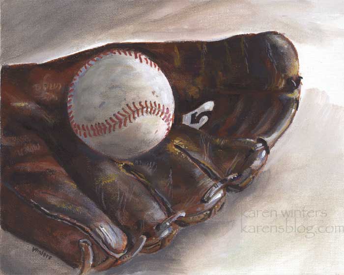baseball glove and ball still life oil painting