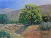 Welcoming Shade Tejon Ranch Oak Tree Meadow oil painting by California landscape impressionist Karen Winters