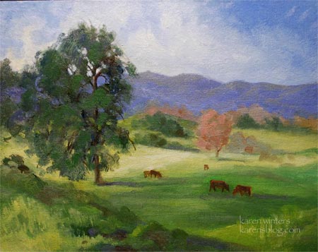 Valley Girls – Landscape oil painting – Cows on ranch in Central ...